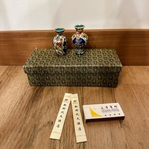 VTG (2) Chinese Cloisonné Brass Flower Vases Miniature 2 1/2" Colorful In Box‎